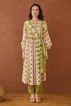 Shop_Taro_Multi Color Cotton Embroidery Round Neck Rosewood Plaid Kurta Set _Online_at_Aza_Fashions