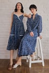 Taro_Blue Cotton Collared Raindrop Confetti Dot Print Dress _at_Aza_Fashions