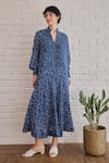 Buy_Taro_Blue Cotton Collared Raindrop Confetti Dot Print Dress 