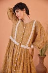 Taro_Tan Cotton Lace Round Neck Marigold Breeze Confetti Dot Dress _at_Aza_Fashions