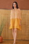 Taro_Orange Cotton Collared Block Printed Honey Drift Dress _Online_at_Aza_Fashions
