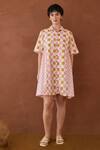 Taro_Multi Color Cotton Collared Bubblegum Block Printed Shirt Dress _Online_at_Aza_Fashions