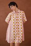 Taro_Multi Color Cotton Collared Bubblegum Block Printed Shirt Dress _at_Aza_Fashions