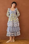 Buy_Taro_Multi Color Cotton Sweetheart Neck Azure Mosaic Block Printed Dress _at_Aza_Fashions