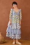 Taro_Multi Color Cotton Sweetheart Neck Azure Mosaic Block Printed Dress _Online_at_Aza_Fashions