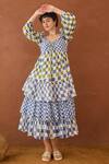 Taro_Multi Color Cotton Sweetheart Neck Azure Mosaic Block Printed Dress _Online