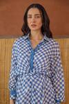 Taro_Blue Cotton Collared Indigo Breeze Block Printed Shirt Dress _Online_at_Aza_Fashions