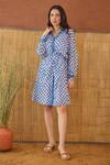 Buy_Taro_Blue Cotton Collared Indigo Breeze Block Printed Shirt Dress _at_Aza_Fashions