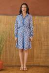 Taro_Blue Cotton Collared Indigo Breeze Block Printed Shirt Dress _at_Aza_Fashions