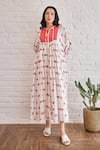 Buy_Taro_White Cotton Embroidery Round Neck Hand-block Print Roselle Dress _at_Aza_Fashions