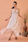 Taro_Blush Chiffon Embroidery Sweetheart Neck Bloom Hand-block Print Dress _Online_at_Aza_Fashions