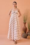 Buy_Taro_Blush Chiffon Embroidery Sweetheart Neck Bloom Hand-block Print Dress _at_Aza_Fashions
