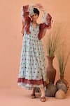 Buy_Taro_Mint Chiffon Ruffles V-neck Wildflower Dress _Online_at_Aza_Fashions