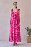 Buy_Taro_Fuchsia Chiffon Sweetheart Neck Pink Ruffled Designer Dress _Online_at_Aza_Fashions