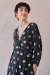 Shop_Taro_Black Chanderi Silk V-neck Daisy Drift Hand-block Print Kaftan Dress _Online_at_Aza_Fashions