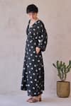 Taro_Black Chanderi Silk V-neck Daisy Drift Hand-block Print Kaftan Dress _at_Aza_Fashions