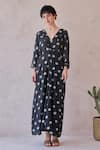 Shop_Taro_Black Chanderi Silk V-neck Daisy Drift Hand-block Print Kaftan Dress 