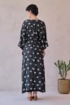 Shop_Taro_Black Chanderi Silk V-neck Daisy Drift Hand-block Print Kaftan Dress _at_Aza_Fashions