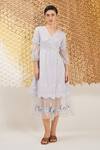 The Loom Art_Blue Cotton, Silk Embroidery V-neck Quiet Jamdani Dress _at_Aza_Fashions