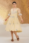Buy_The Loom Art_Cream Jersey, Cotton, Silk V-neck Yellow Handwoven Jamdani Dress _at_Aza_Fashions