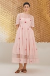 Buy_The Loom Art_Pink Cotton, Silk Embroidery Round Neck Powder Handwoven Dress _at_Aza_Fashions
