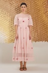 Buy_The Loom Art_Pink Cotton, Silk Embroidery Round Neck Powder Handwoven Dress _Online_at_Aza_Fashions
