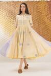 Buy_The Loom Art_Cream Cotton, Silk Collared Yellow Handwoven Jamdani Dress _at_Aza_Fashions