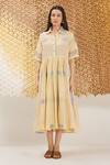 Buy_The Loom Art_Cream Cotton, Silk Collared Yellow Handwoven Jamdani Dress _Online_at_Aza_Fashions