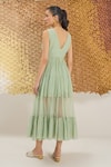 Shop_The Loom Art_Green Cotton, Silk Embroidery V-neck Waterfall Handwoven Dress _at_Aza_Fashions