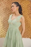 The Loom Art_Green Cotton, Silk Embroidery V-neck Waterfall Handwoven Dress _at_Aza_Fashions