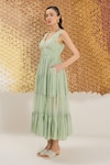 Shop_The Loom Art_Green Cotton, Silk Embroidery V-neck Waterfall Handwoven Dress 