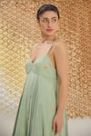 Buy_The Loom Art_Green Cotton, Silk Embroidery V-neck Waterfall Handwoven Dress _Online_at_Aza_Fashions