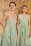 Shop_The Loom Art_Green Cotton, Silk Embroidery V-neck Waterfall Handwoven Dress _Online_at_Aza_Fashions