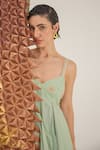 The Loom Art_Green Cotton, Silk Embroidery V-neck Waterfall Handwoven Dress _at_Aza_Fashions