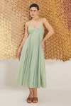 Buy_The Loom Art_Green Cotton, Silk Embroidery V-neck Waterfall Handwoven Dress _at_Aza_Fashions