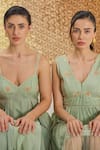 Shop_The Loom Art_Green Cotton, Silk Embroidery V-neck Waterfall Handwoven Dress 