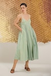 Buy_The Loom Art_Green Cotton, Silk Embroidery V-neck Waterfall Handwoven Dress _Online