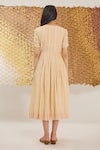 Shop_The Loom Art_Yellow Cotton, Silk Embroidery Square Neck Striped Handwoven Dress _at_Aza_Fashions