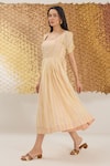 Shop_The Loom Art_Yellow Cotton, Silk Embroidery Square Neck Striped Handwoven Dress _Online_at_Aza_Fashions