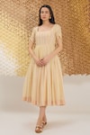 Buy_The Loom Art_Yellow Cotton, Silk Embroidery Square Neck Striped Handwoven Dress _at_Aza_Fashions