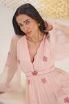 Buy_The Loom Art_Pink Cotton, Silk Embroidery V-neck Powder Jamdani Weave Dress _Online_at_Aza_Fashions