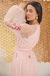 Shop_The Loom Art_Pink Cotton, Silk Embroidery V-neck Powder Jamdani Weave Dress _Online_at_Aza_Fashions