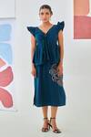 Buy_Moontara_Teal Cotton Embroidery V-neck Tie-up Top And A-line Skirt Set _at_Aza_Fashions