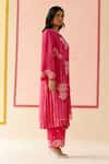 Shop_I AM Design_Pink Silk Organza Applique, Embroidery Round Neck Hot Suit Set With Mustard _at_Aza_Fashions
