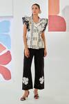 Buy_Moontara_White Cotton Patchwork V-neck Ruffled Jacket And Black Pants Set _at_Aza_Fashions