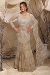 Buy_Lasha_Green Georgette, Tulle, Net Beads, Sequins Square Designer Pre-draped Saree Set _at_Aza_Fashions