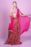 Buy_Damoiselle_Pink Chinon, Silk, Viscose Mirrors, Fringe Floral Fiesta Crop Top Lehenga Set _at_Aza_Fashions