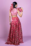 Shop_Damoiselle_Pink Chinon, Silk, Viscose Mirrors, Fringe Floral Fiesta Crop Top Lehenga Set _at_Aza_Fashions