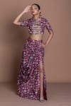 Buy_Damoiselle_Maroon Chinon, Silk, Viscose, Shantoon Beads Round Garnet Grid Draped Skirt Set _at_Aza_Fashions