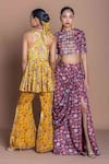Shop_Damoiselle_Maroon Chinon, Silk, Viscose, Shantoon Beads Round Garnet Grid Draped Skirt Set _Online_at_Aza_Fashions